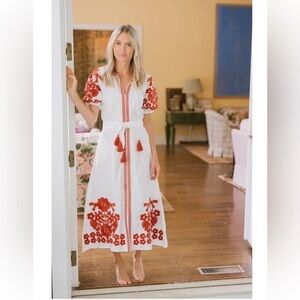 Julia Amory Short Sleeve Embroidered Caftan in White & Earth 🍁 NWT size S